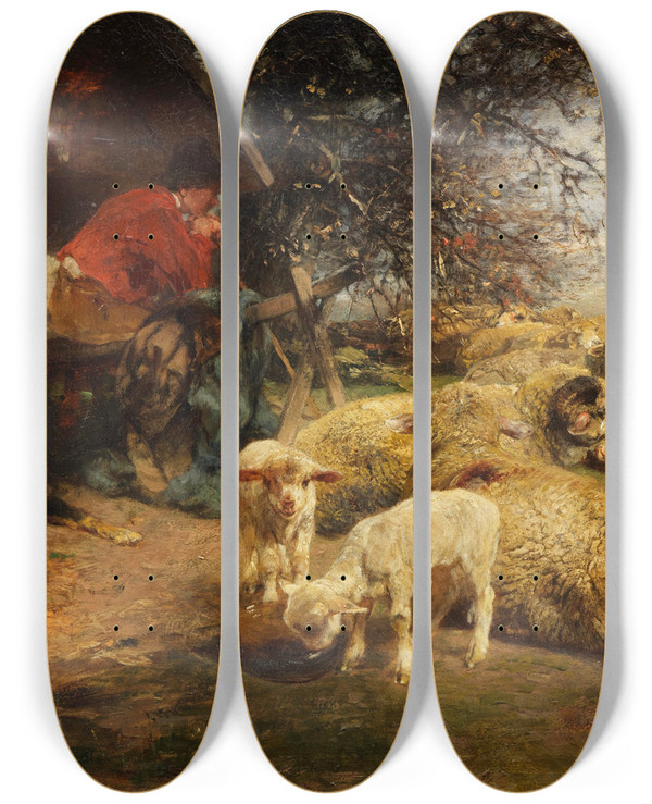 Triptych art skateboard deck of Heinrich Von Zgel Am Schferkarren by Heinrich Von Zugel (1850-1941)