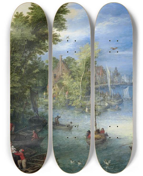 Triptych art skateboard deck of Jan Brueghel The Elder River Landscape_2 by Jan Brueghel The Elder (1568-1625)