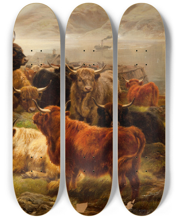 Triptych art skateboard deck of William Rc Watson Highland Cattle by William R C Watson