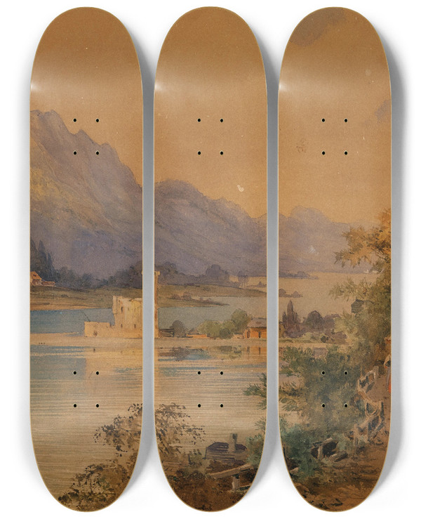 Triptych art skateboard deck of Anton Altmann The Younger A View Of Lake Wolfgang With The Lighthouse by Anton Altmann The Younger (1808-1871)
