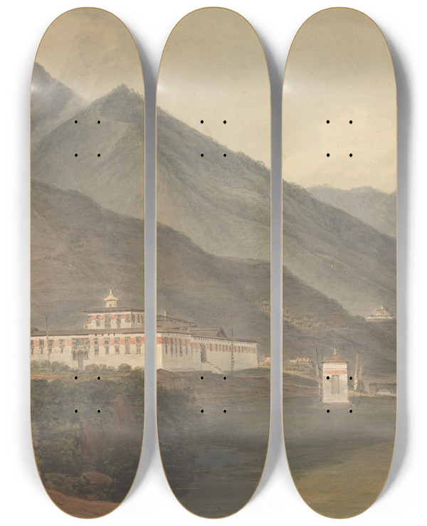 Triptych art skateboard deck of Samuel Davis The Palace Of The Deib Rajan At Tassisudon by Samuel Davis (1757-1819)