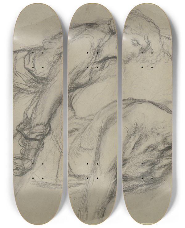 Triptych art skateboard deck of Victor Mller Kniender Vor Sich Herab Schauender Mann Die Hnde Breit Aufgesttzt by Victor Muller (1829-1871)