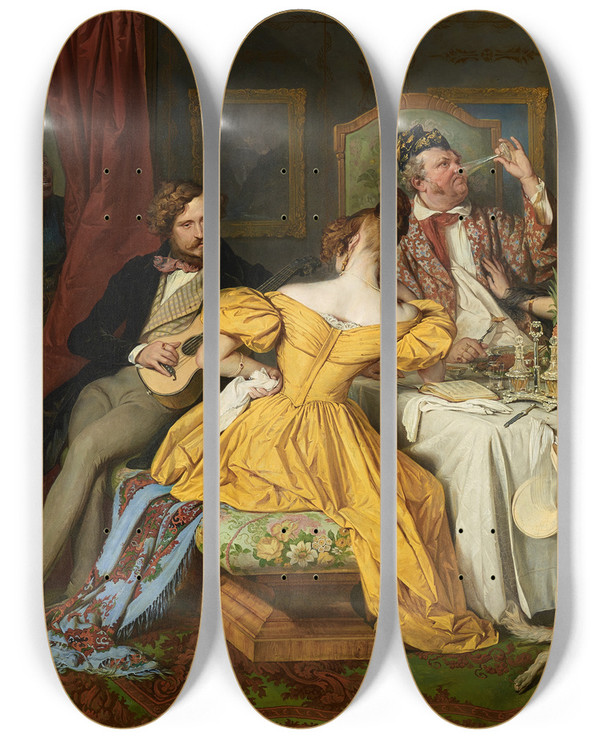 Triptych art skateboard deck of Josef Danhauser Der Reiche Prasser by Josef Danhauser (1805-1845)