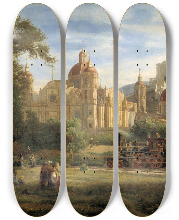 Triptych art skateboard deck of Luis Coto The Collegiate Church Of Guadalupe by Luis Coto (1830-1891)