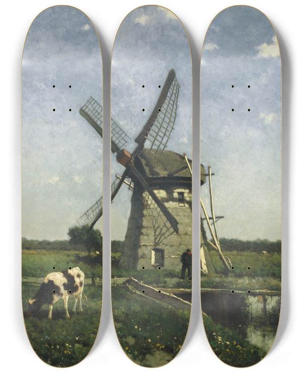 Triptych art skateboard deck of Johan Hendrik Weissenbruch Landscape With Windmill Near Schiedam_2 by Johan Hendrik Weissenbruch (1824-1903)