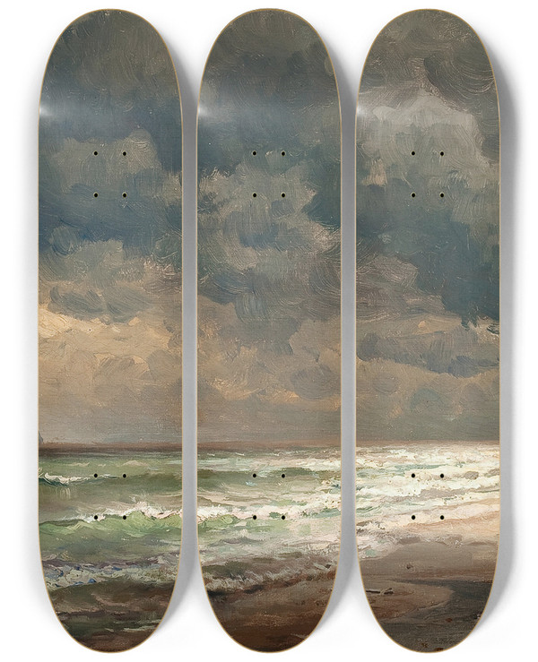 Triptych art skateboard deck of Mauritz Frederick Hendrick De Haas Long Island Beach by Mauritz Frederick Hendrick De Haas (1832-1895)