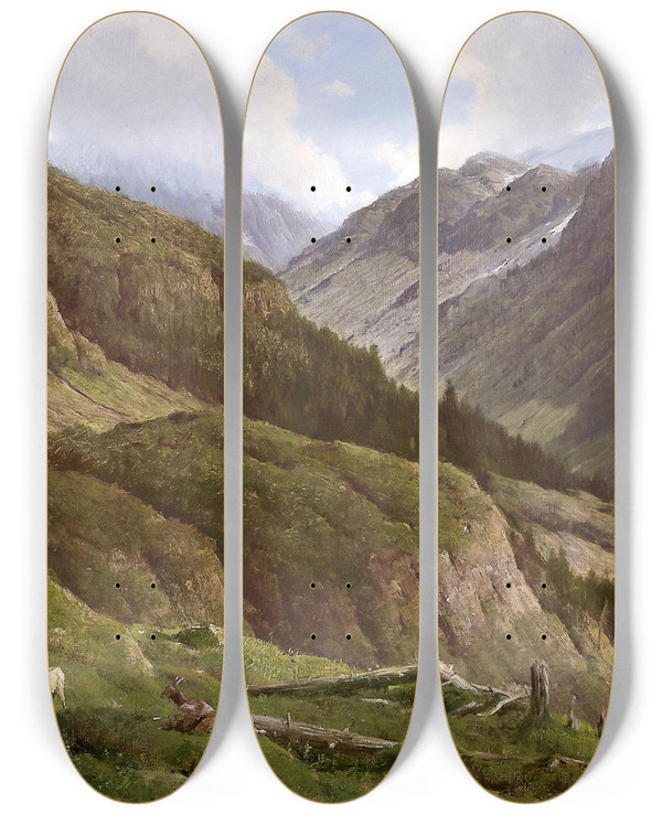 Triptych art skateboard deck of Anton Hlavacek Gebirgslandschaft Mit Weidenden Ziegen by Anton Hlavacek (1842-1926)