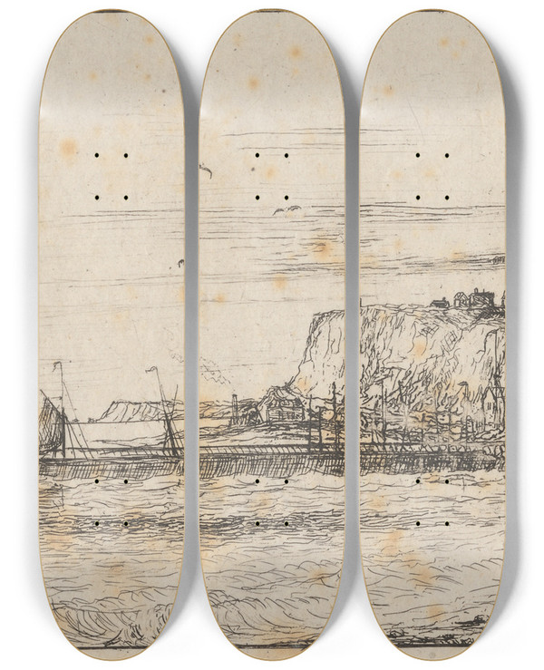 Triptych art skateboard deck of Charles Golding Constable Harbour Scene With Town_2 by Charles Golding Constable