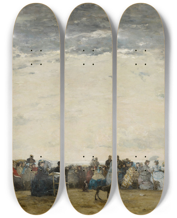 Triptych art skateboard deck of Eugne Boudin Vacationers On The Beach At Trouville by Eugene Boudin (1824-1898)