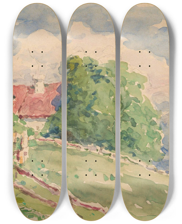 Triptych art skateboard deck of Carel Nicolaas Storm Van Sgravesande Oberbozen Een Smalle Weg Leidt Naar Een Kerkje Op Een Berghelling by Carel Nicolaas Storm van 's-Gravesande (1841-1924)