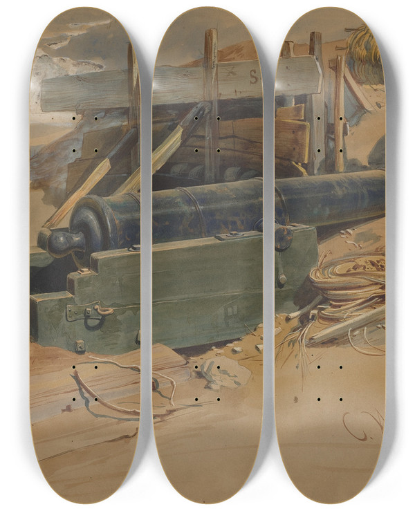 Triptych art skateboard deck of Carl Friedrich Heinrich Werner Cannon By A Bulwark by Carl Friedrich Heinrich Werner (1808-1894)