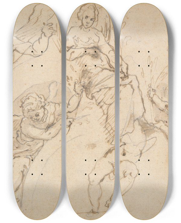 Triptych art skateboard deck of Alessandro Casolani Studies Of Angels Andcupids by Alessandro Casolani (1552-1607)