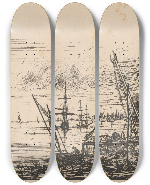 Triptych art skateboard deck of Charles Golding Constable Harbour Scene by Charles Golding Constable