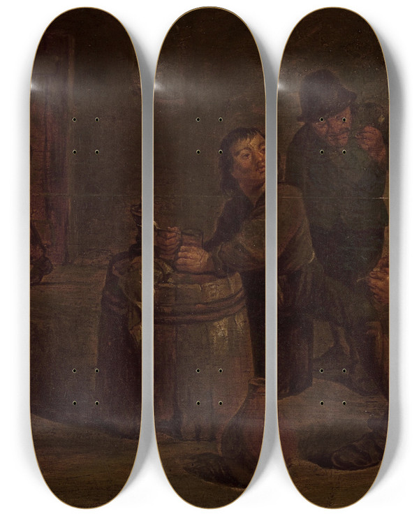 Triptych art skateboard deck of Mattheus Van Helmont Scene In A Tavern by Mattheus Van Helmont (1623-1679)