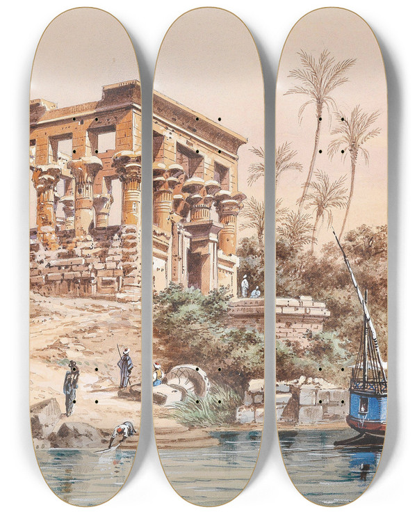 Triptych art skateboard deck of Friedrich Perlberg Tempel Von Philae by Friedrich Perlberg (1848-1921)