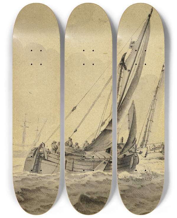 Triptych art skateboard deck of Cornelis De Grient Boats In Full Sail by Cornelis de Grient (1691-1783)