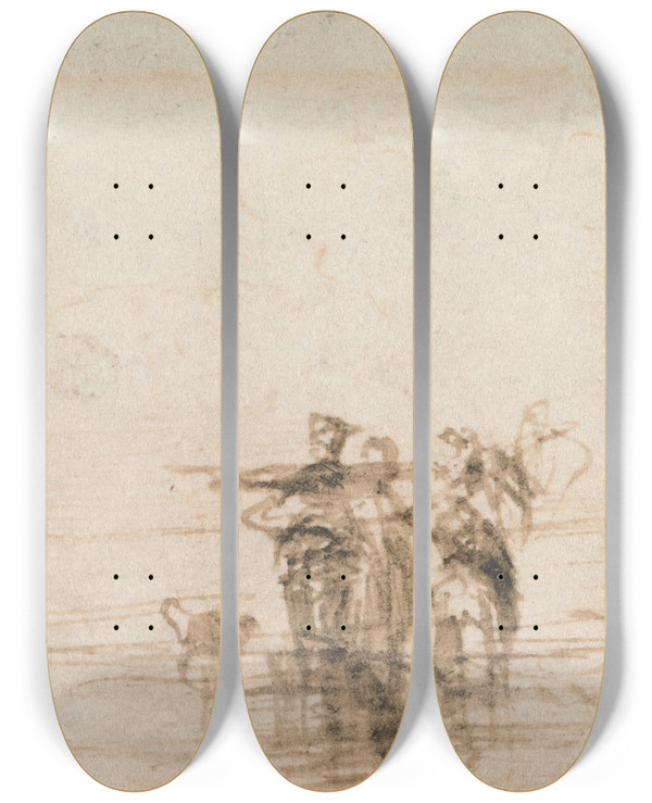 Triptych art skateboard deck of Thomas Creswick Shrimpers On The Shore by Thomas Creswick (1811-1869)