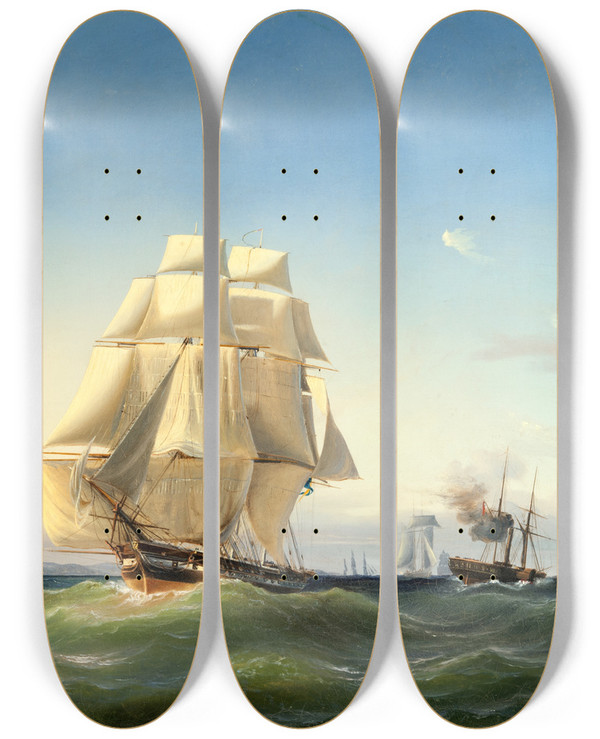 Triptych art skateboard deck of Arnold Plagemann Seascape by Arnold Plagemann (1826-1862)