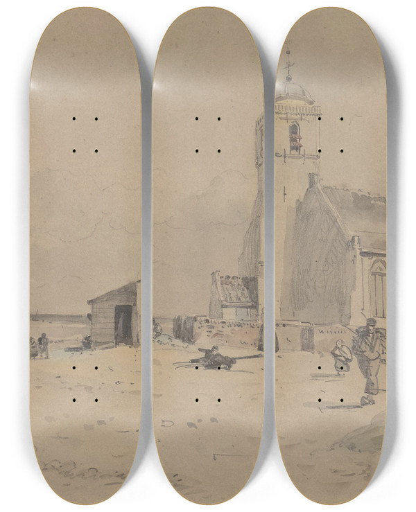 Triptych art skateboard deck of Willem Anthonie Van Deventer Katwijk by Willem Anthonie Van Deventer (1824-1893)