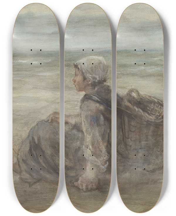 Triptych art skateboard deck of Jozef Israls Vissersmeisje Op Het Strand by Jozef Israels (1824-1911)