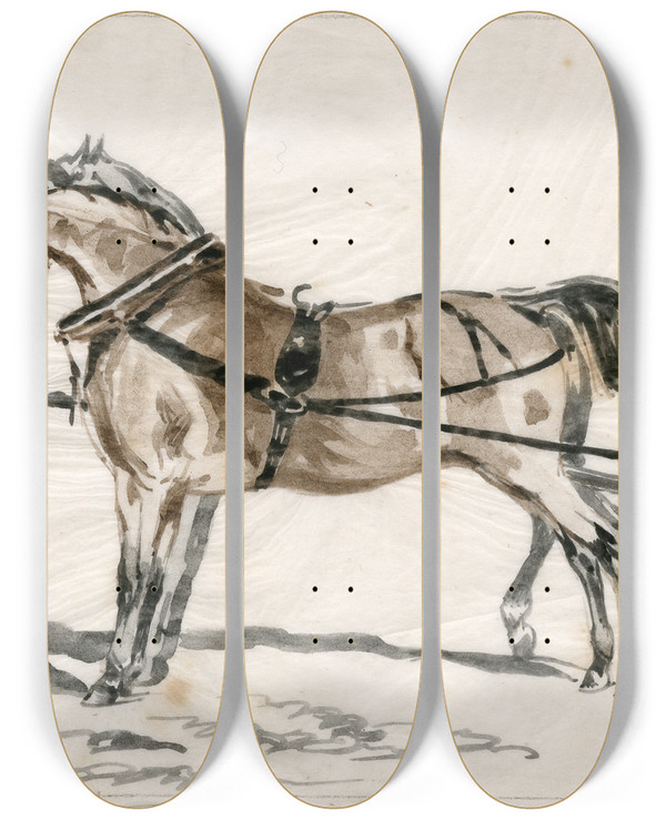 Triptych art skateboard deck of Pieter Van Loon Twee Paarden In Een Juk by Pieter Van Loon (1801-1873)