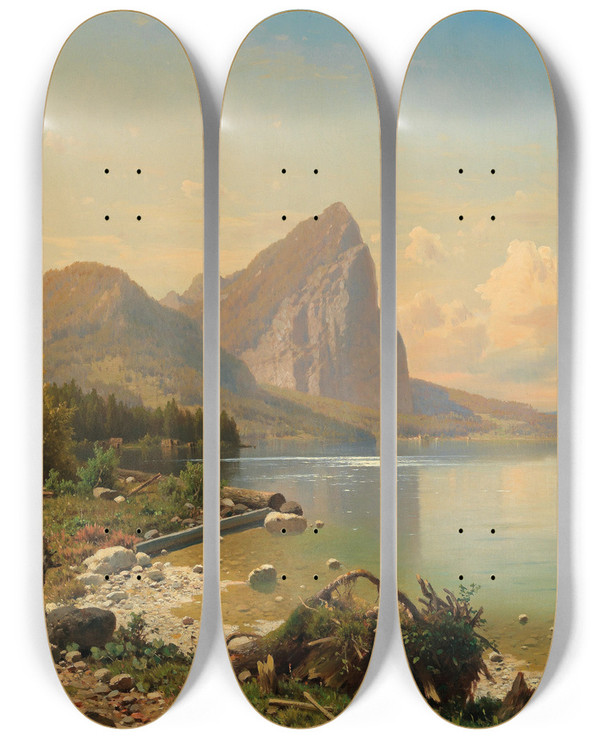 Triptych art skateboard deck of Adolf Chwala Partie Am Mondsee_2 by Adolf Chwala (1836-1900)