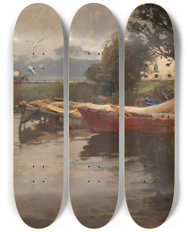 Triptych art skateboard deck of Karl Raupp Idylle Am Chiemsee by Karl Raupp (1837-1918)
