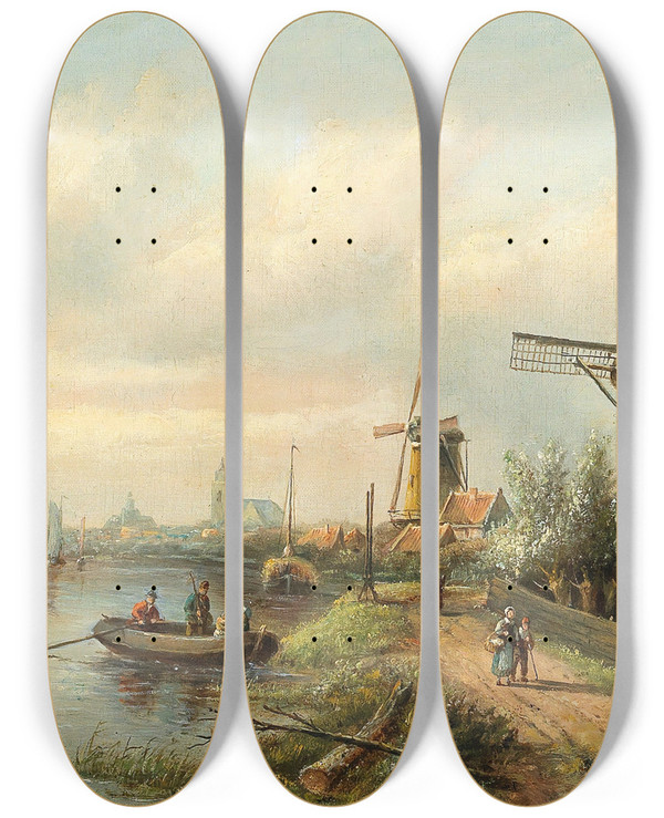 Triptych art skateboard deck of Jan Jacob Coenraad Spohler Hollndische Flusslandschaft by Jan Jacob Coenraad Spohler (1837-1923)