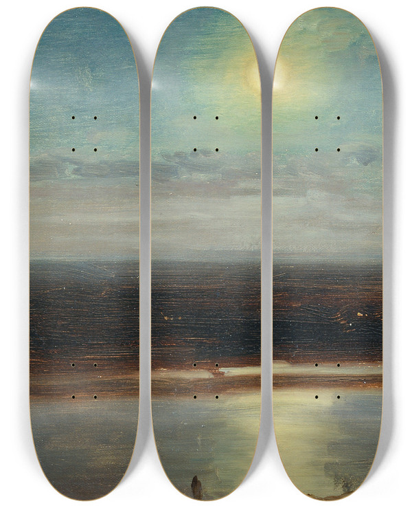 Triptych art skateboard deck of Anton Hlavacek Die Donau Mit Dem Marchfeld Bei Nacht by Anton Hlavacek (1842-1926)