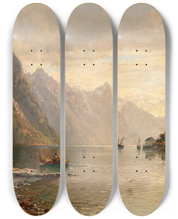 Triptych art skateboard deck of Anders Askevold Fjordlandschaft by Anders Askevold (1834-1900)