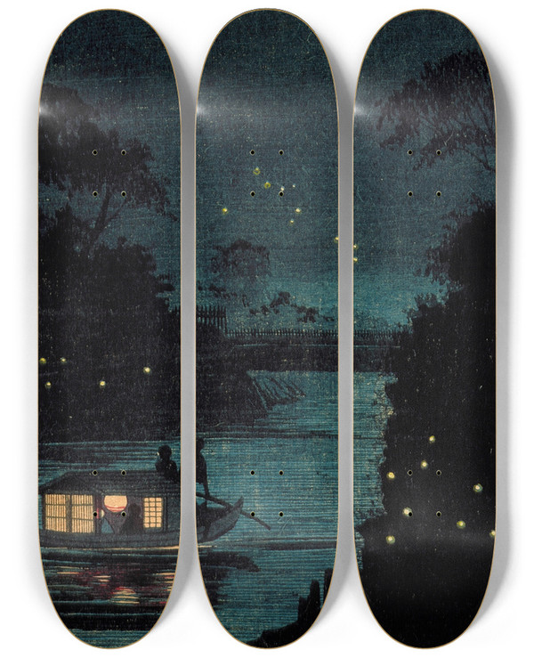 Triptych art skateboard deck of Kobayashi Kiyochika Fireflies At Ochanomizu by Kobayashi Kiyochika (1847-1915)