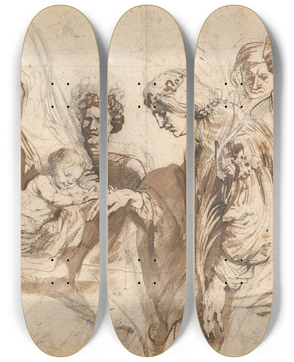 Triptych art skateboard deck of Anthony Van Dyck The Mystic Marriage Of Saint Catherine by Anthony Van Dyck (1599-1641)