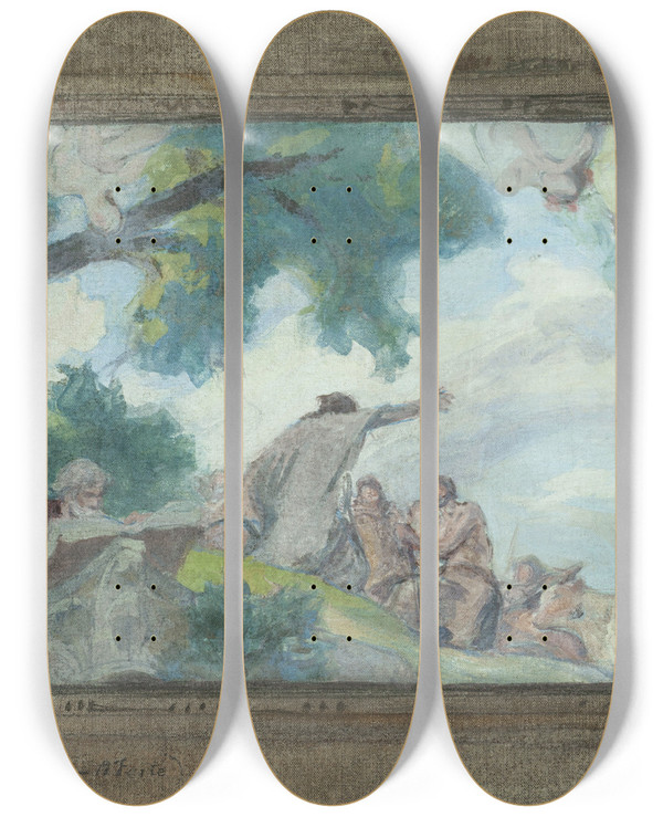 Triptych art skateboard deck of Victor Emile Prouv Les Sages by Victor Emile Prouve (1858-1943)