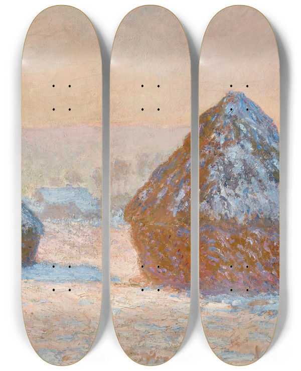 Triptych art skateboard deck of Claude Monet Wheatstacks Snow Effect Morning by Claude Monet (1840-1926)