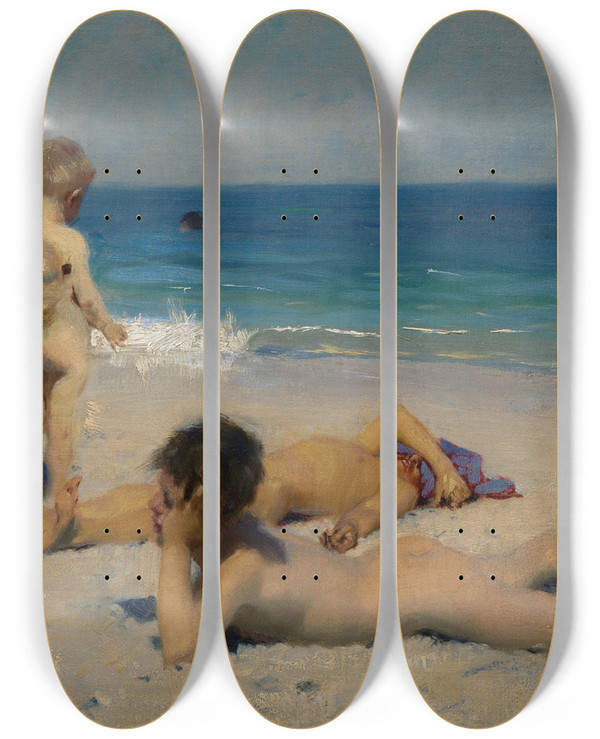 Triptych art skateboard deck of John Singer Sargent Neapolitan Children Bathing by John Singer Sargent (1856-1925)