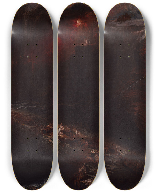 Triptych art skateboard deck of John Martin The Deluge by John Martin (1789-1854)