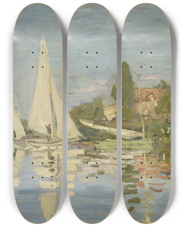 Triptych art skateboard deck of Claude Monet Regattas At Argenteuil by Claude Monet (1840-1926)