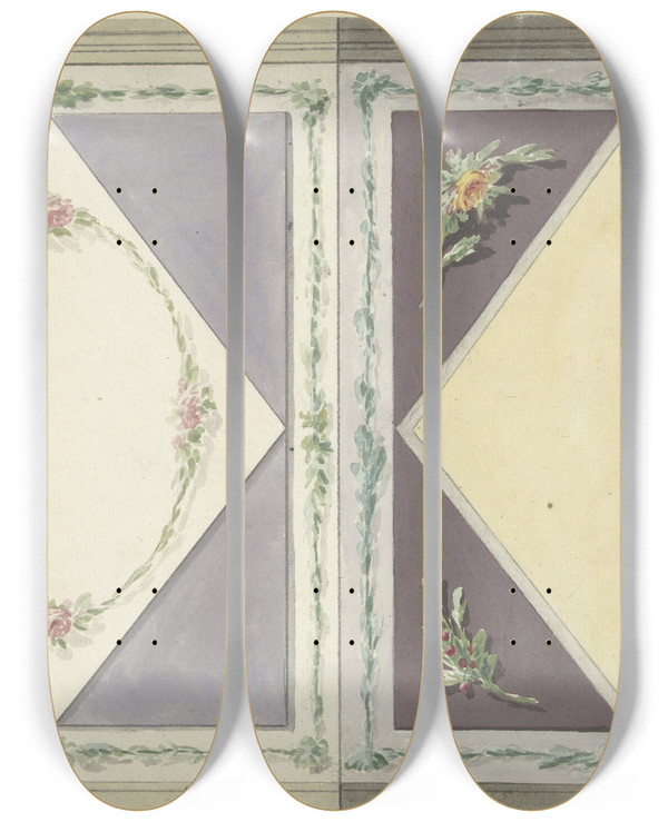 Triptych art skateboard deck of Abraham Meertens Ontwerp Voor Kamerversiering Met Twee Panelen Een Met Een Ruit In Geel En Een Met Een Krans Van Rozen In Een Ruit by Abraham Meertens (1747-1823)