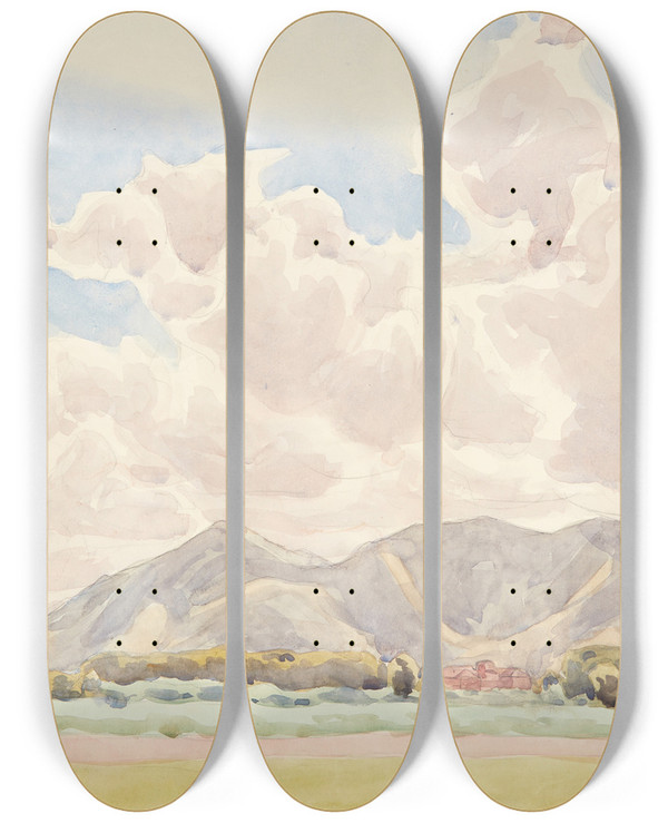 Triptych art skateboard deck of Peter Hansen Italiensk Landskab by Peter Hansen (1868-1928)