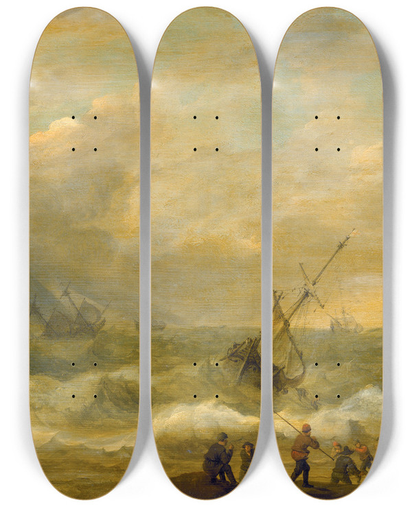 Triptych art skateboard deck of Adam Willaerts Stormy Sea With Many Ships by Adam Willaerts (1577-1664)
