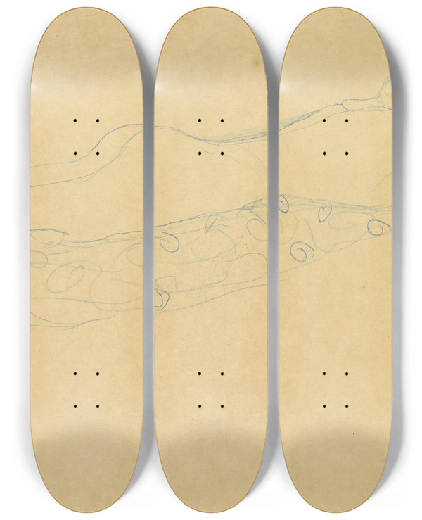 Triptych art skateboard deck of Gustav Klimt Skizze Zu Wasserschlangen Ii by Gustav Klimt (1862-1918)