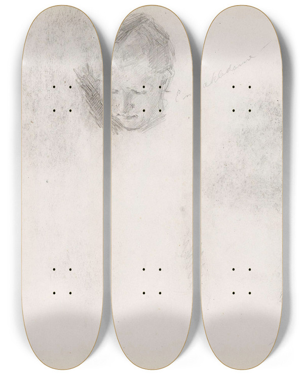 Triptych art skateboard deck of Signe Scheel Kvinnehode Riss Av Ansikt by Signe Scheel (1860-1942)