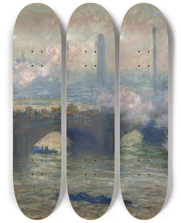 Triptych art skateboard deck of Claude Monet Waterloo Bridgegray Day by Claude Monet (1840-1926)