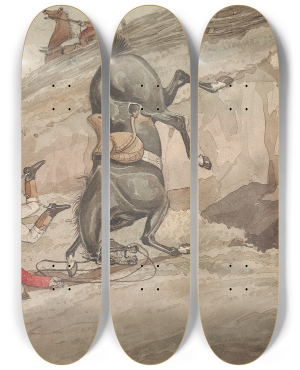 Triptych art skateboard deck of Henry Thomas Alken Doing The Thing And The Thing Done The Down Leap Done by Henry Thomas Alken (1785-1851)
