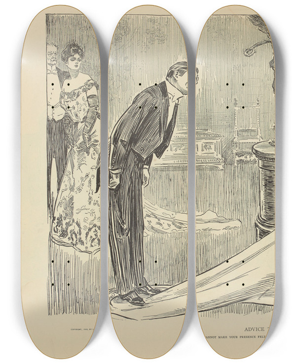Triptych art skateboard deck of Charles Dana Gibson Advice To Bores by Charles Dana Gibson (1867-1944)