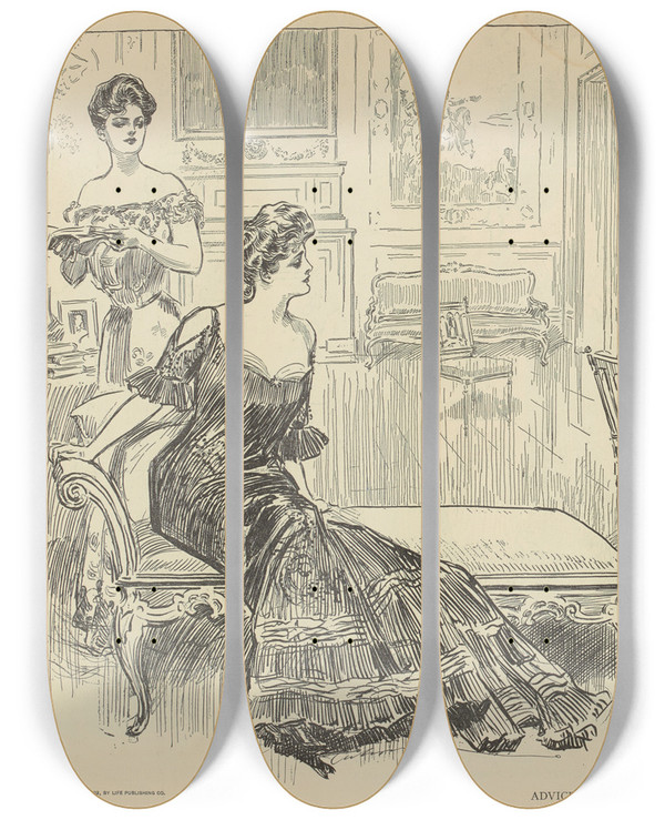Triptych art skateboard deck of Charles Dana Gibson Advice To Snobs by Charles Dana Gibson (1867-1944)