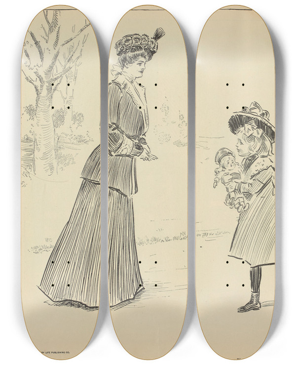Triptych art skateboard deck of Charles Dana Gibson After Fifteen Years by Charles Dana Gibson (1867-1944)