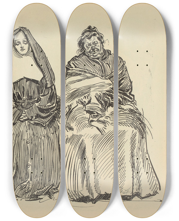 Triptych art skateboard deck of Charles Dana Gibson Andsisters by Charles Dana Gibson (1867-1944)