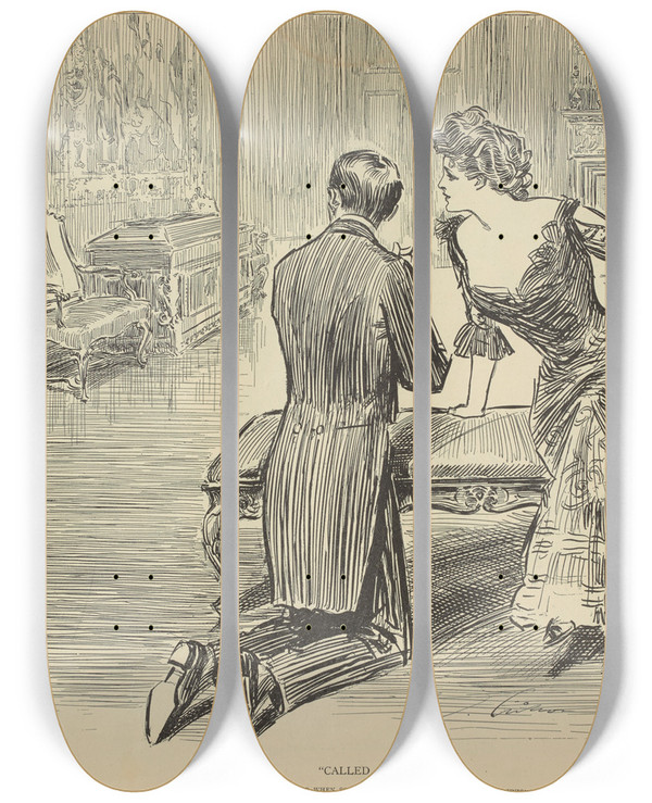 Triptych art skateboard deck of Charles Dana Gibson Called Out by Charles Dana Gibson (1867-1944)