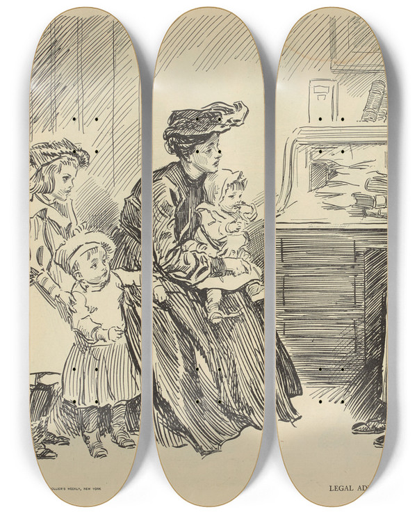 Triptych art skateboard deck of Charles Dana Gibson Legal Advice by Charles Dana Gibson (1867-1944)